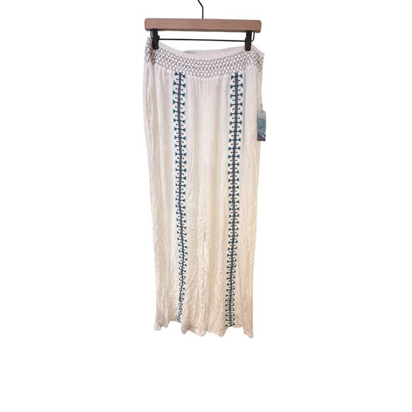 Goa Beachwear Japna White Crinkle Gauze| Boho Embroidered Wide Leg Pants | NWT - Picture 1 of 9